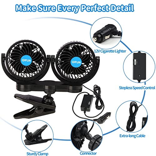 QIFUN Car Fan Adjustable Dual Head 12V 360° Rotatable 4 Inches - Product Imagery