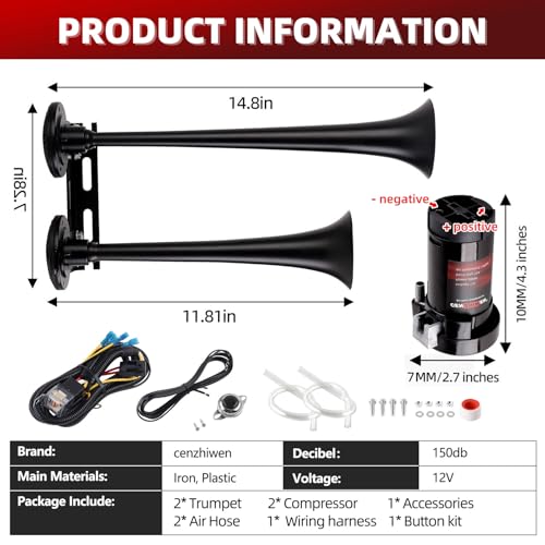 12V Dual 2-Trumpet Metal Air Horn for Truck with 2 Compressors - Product Imagery