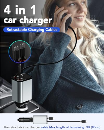 Retractable Car Charger,75W Car Phone Charger USB C Fast Charge - Product Imagery