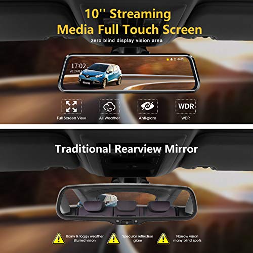 10’’ Mirror Dash Cam Front and Rear View Mirror Camera Night - Product Imagery
