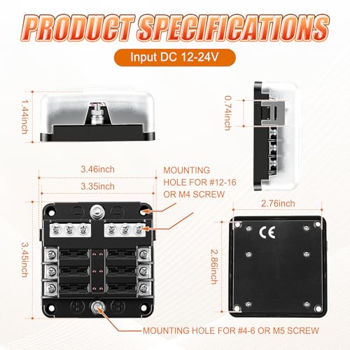 GaRhomxy 6 Way Fuse Block, 12V Marine Fuse Block with LED - Product Imagery