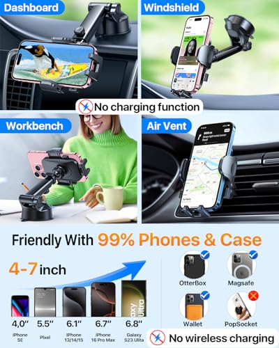 HTU Car Phone Holder【2026 Upgraded 100+LBS Suction & Safety - Product Imagery