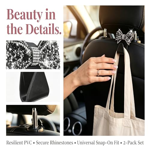 2PCS Bling Bow Car Seat Headrest Hooks, S Type Crystal - Product Imagery