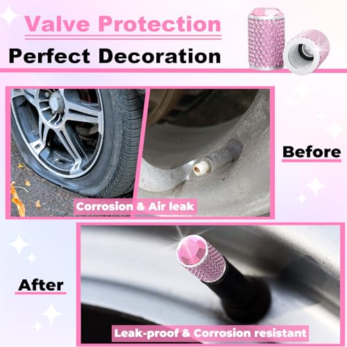 BFXM 4Pcs Car Tire Valve Stem Caps Pink Bling Car Accessories - Product Imagery