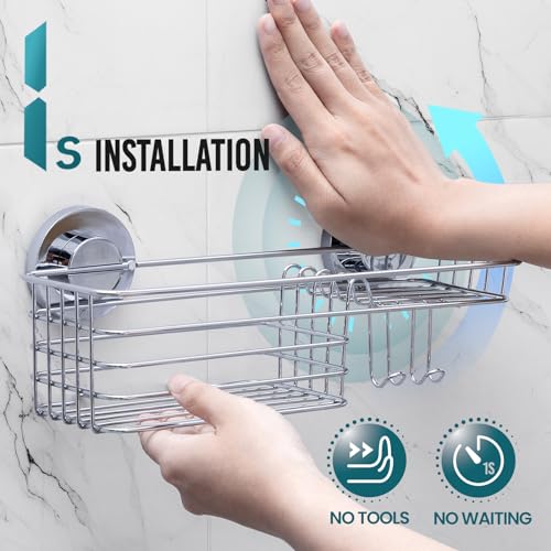 TAILI Shower Caddy Suction Cup with Hooks & Soap Holder, Silver - Product Imagery
