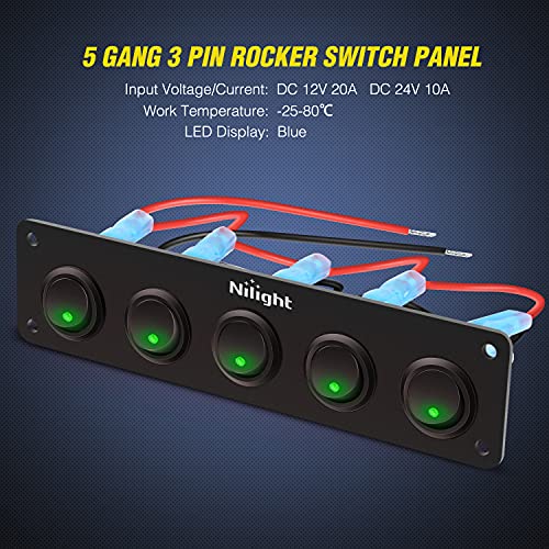 Nilight 5 Gang 3 Pin Rocker Switch Panel On Off SPST Toggle Green - Product Imagery