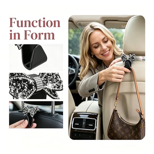 2PCS Bling Bow Car Seat Headrest Hooks, S Type Crystal - Product Imagery