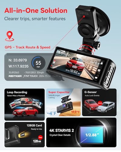 REDTIGER 4K STARVIS 2 Dashcam Front Rear, 5GHz WiFi 20MB/s, Free - Product Imagery