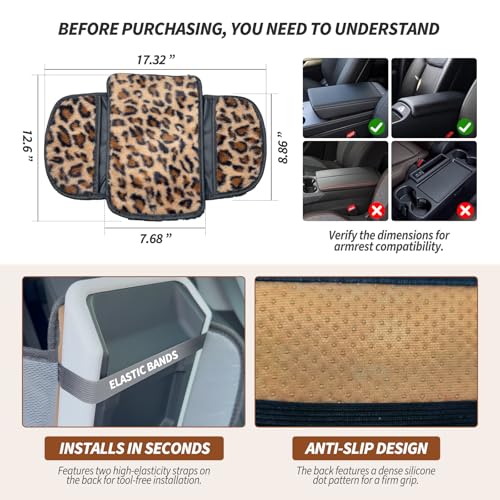 Plush Fuzzy Car Center Console Cover with Side Pockets, Leopard - Product Imagery