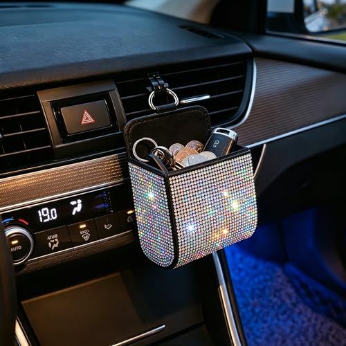 Car Air Vent Storage Organizer, Bling Rhinestone Leather Pouch - Product Imagery