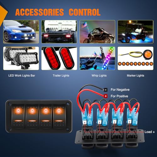 Nilight 4 Gang Rocker Switch Panel w/Orange LED Light 5Pin ON - Product Imagery