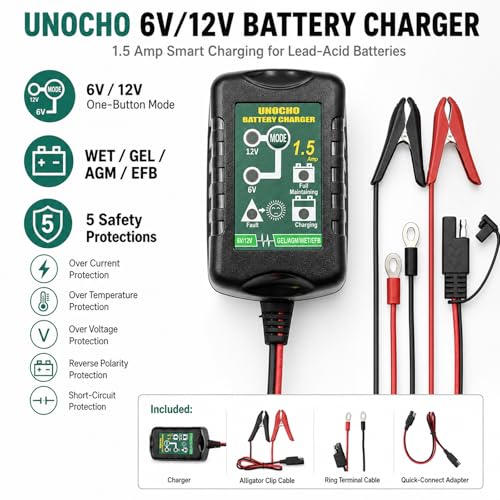 Unocho 6V/12V Battery Charger Maintainer 1.5A Automatic Trickle - Product Imagery