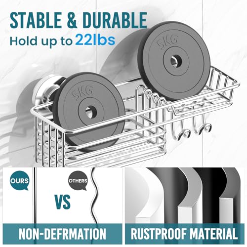 TAILI Shower Caddy Suction Cup with Hooks & Soap Holder, Silver - Product Imagery