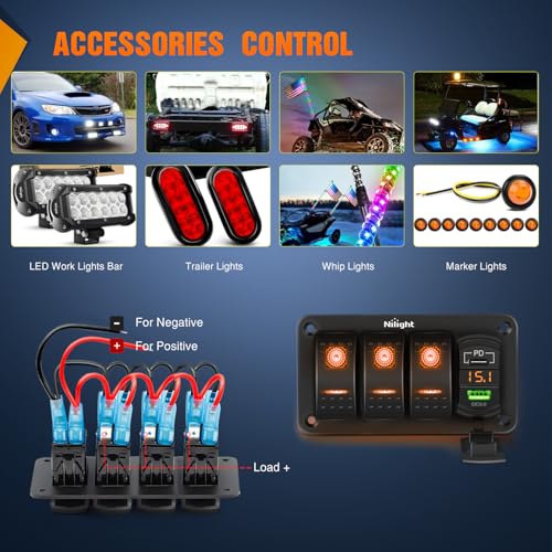 Nilight 3 Gang Rocker Switch Panel with PD Type C and USB - Product Imagery