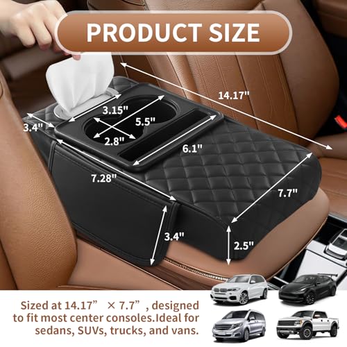 5-in-1 Universal Car Center Console Cover with Cup Holder, Black - Product Imagery