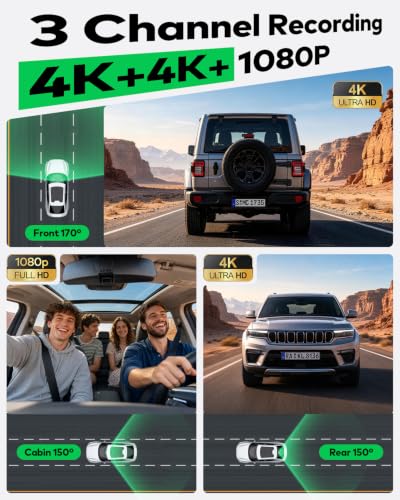 4K+4K+1080P 3 Channel Dash Cam, Free 128GB Card, AProX HD Night - Product Imagery