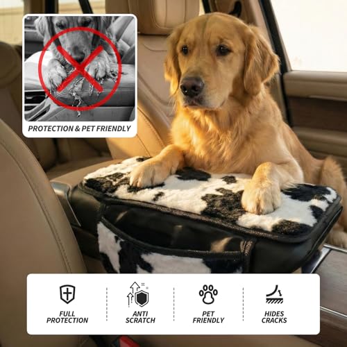 Plush Fuzzy Car Center Console Cover with 2 Side Pockets, Cow - Product Imagery