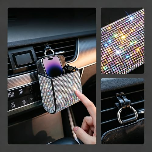 Car Air Vent Storage Organizer, Bling Rhinestone Leather Pouch - Product Imagery