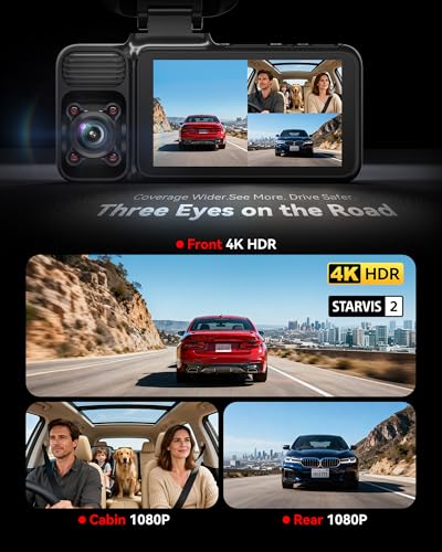 REDTIGER F17 4K 3CH Dash Cam, STARVIS 2 Sensor HDR, 64GB Card, - Product Imagery