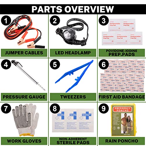 Car Roadside Emergency Kit with Battery Jumper Cables, Blue - Product Imagery