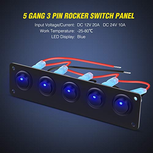 Nilight 5 Gang 3 Pin Rocker Switch Panel On Off SPST Toggle - Product Imagery
