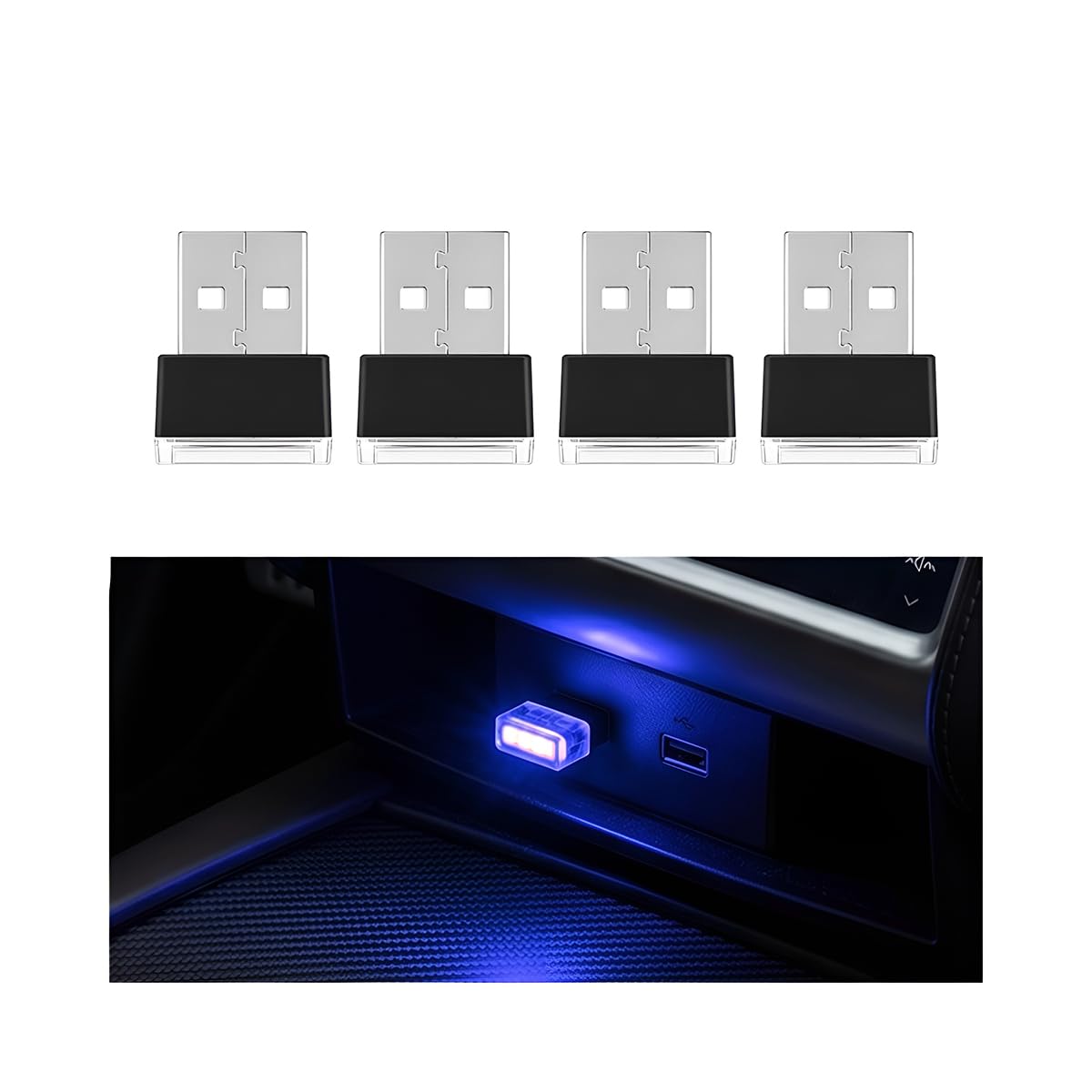 4PCS USB LED Car Interior Atmosphere Lamp, Portable Mini, Blue - Product Imagery