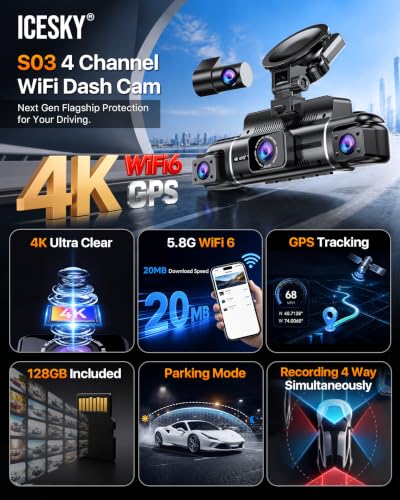 Icesky 4K Dash Cam Front and Rear Left Right with GPS, 20MB/s - Product Imagery