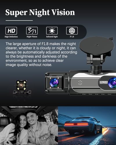 Dash Cam Front and Rear, 1080P Dash Camera for Cars, 3 Channel - Product Imagery