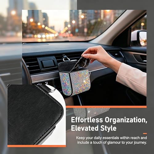 Car Air Vent Storage Organizer, Bling Rhinestone Leather Pouch - Product Imagery