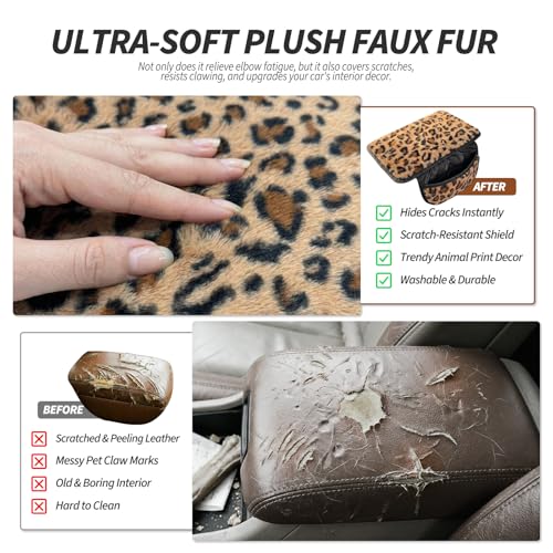 Plush Fuzzy Car Center Console Cover with Side Pockets, Leopard - Product Imagery
