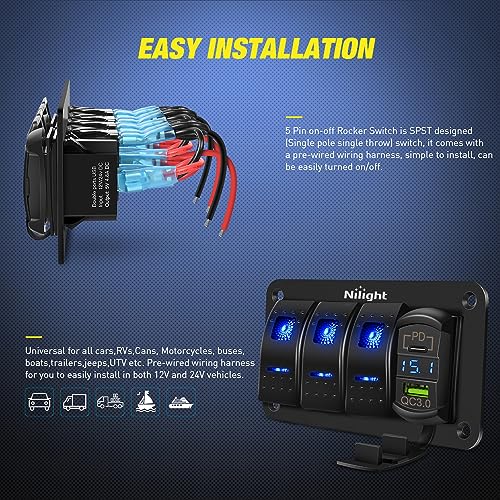 Nilight 3 Gang Rocker Switch Box 12V SPST ON Off PD Type C and - Product Imagery