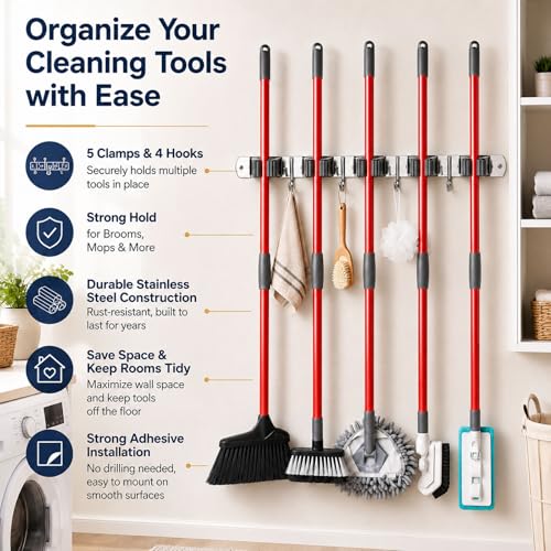 voze 5 Racks and 4 Hooks Mop and Broom Holder Wall Mount, Self - Product Imagery