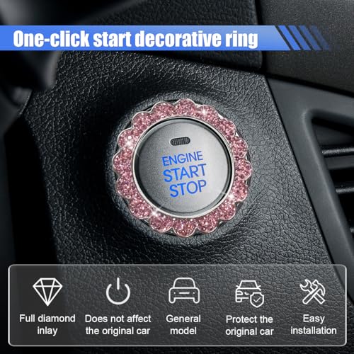 2PCS Bling Flower Car Engine Start Stop Decoration Ring, Pink - Product Imagery