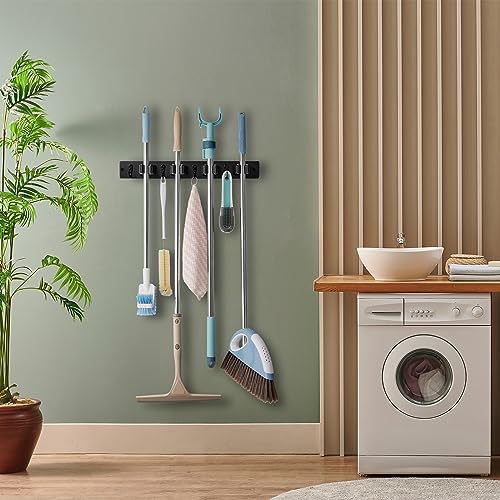 OUTNILI Black Mop Broom Holder Wall Mount with 4 Slots & 4 Hooks - Product Imagery