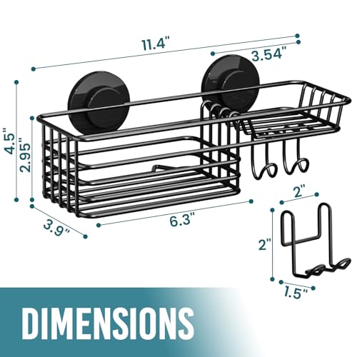 TAILI Shower Caddy Suction Cup with Hooks and Soap holder, Black - Product Imagery