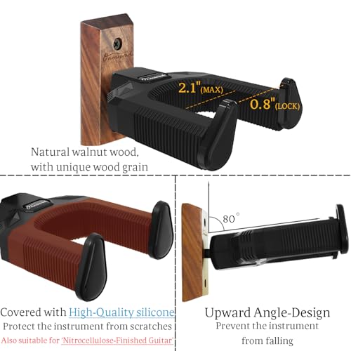 Onmiwod Guitar Wall Mount, Auto Lock Walnut Wood Guitar Hanger, - Product Imagery