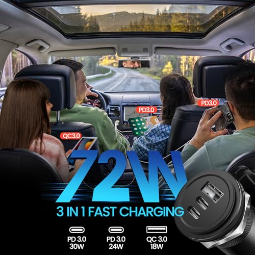 Aluminum 72W 12V USB Outlet, 3 Port Car USB C Charger - Product Imagery
