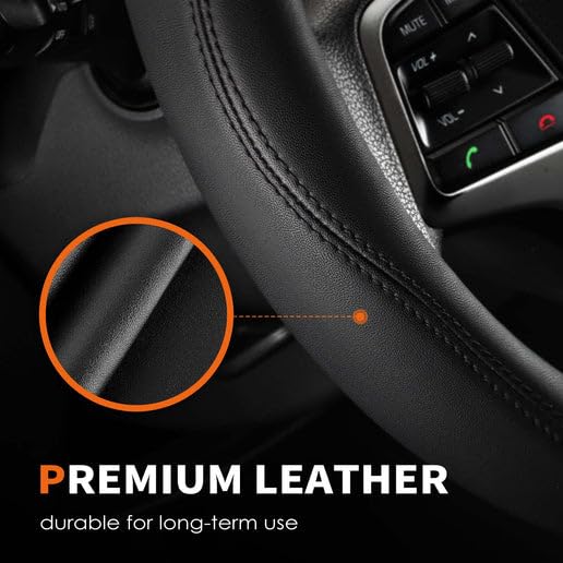 HOTOR Car Leather Steering Wheel Cover, Universal 14.5"-15",Black - Product Imagery