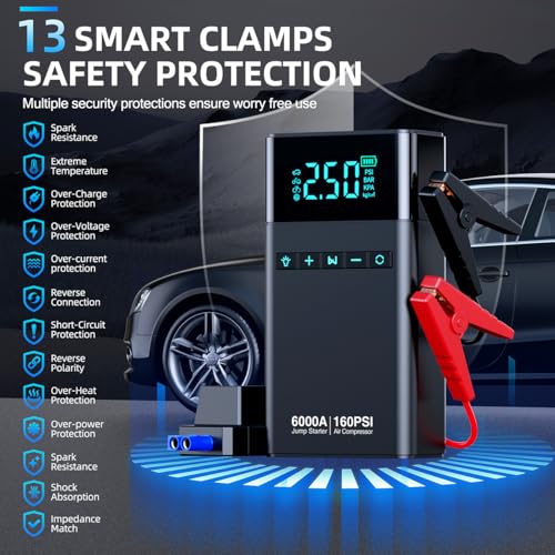 6000A Portable Car Battery Jump Starter with Air Compressor - Product Imagery