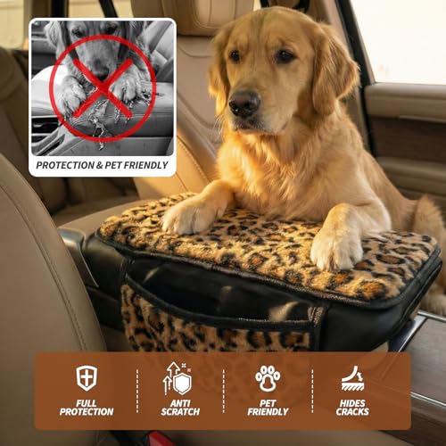 Plush Fuzzy Car Center Console Cover with Side Pockets, Leopard - Product Imagery