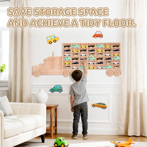 3D Wooden Toy Cars Display, Wall-Mounted for 42 Toy Cars, 1/64 - Product Imagery