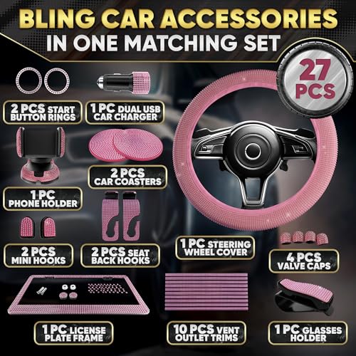 Pink Bling Car Accessories Set, 27 Pcs, for Women Drivers - Product Imagery