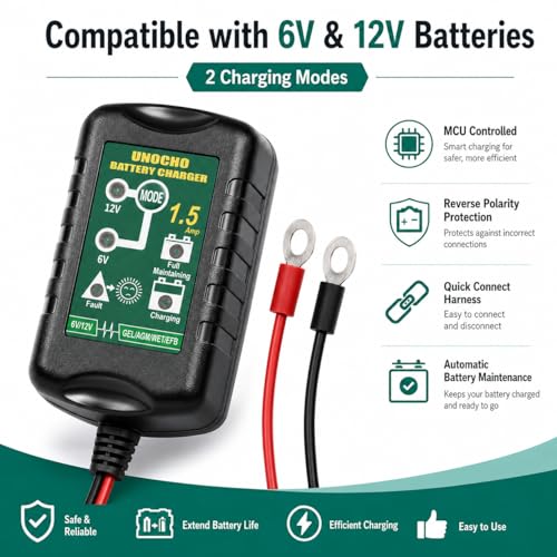 Unocho 6V/12V Battery Charger Maintainer 1.5A Automatic Trickle - Product Imagery