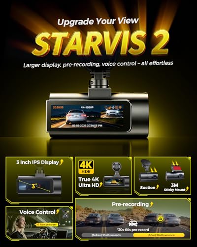 GKU 4K Dual Dash Cam Front and Rear Camera, STARVIS 2 Sensor - Product Imagery