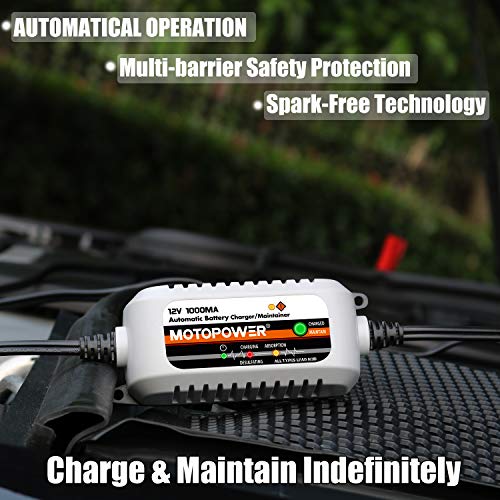MOTOPOWER MP00205B 12V 1000mA Automatic Battery Charger, Battery - Product Imagery