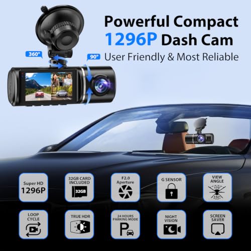 Dash Cam Front and Rear, 1296P Dash Camera for Cars, 3 Channel - Product Imagery