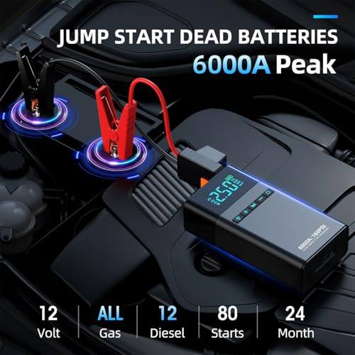 6000A Portable Car Battery Jump Starter with Air Compressor - Product Imagery