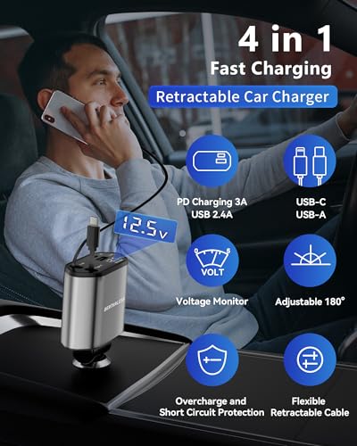 Retractable Car Charger,4 in 1 Fast Charging Car Charger with - Product Imagery