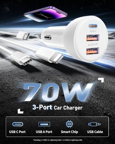 3-Port 70W Fast Car Charger for iPhone 14 13 12 11 Pro Max SE XR - Product Imagery