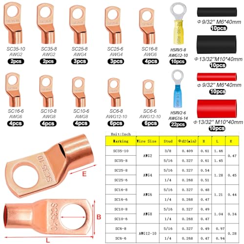 Taiss Copper Wire Lugs AWG 2-16 110PCS with Heat Shrink Kit - Product Imagery